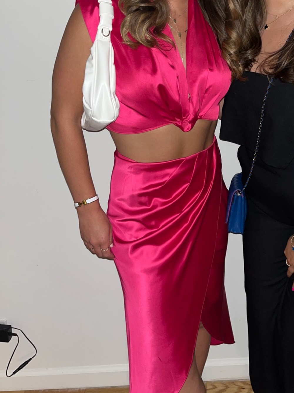 Fuchsia Satin Midi Skirt and Crop top set